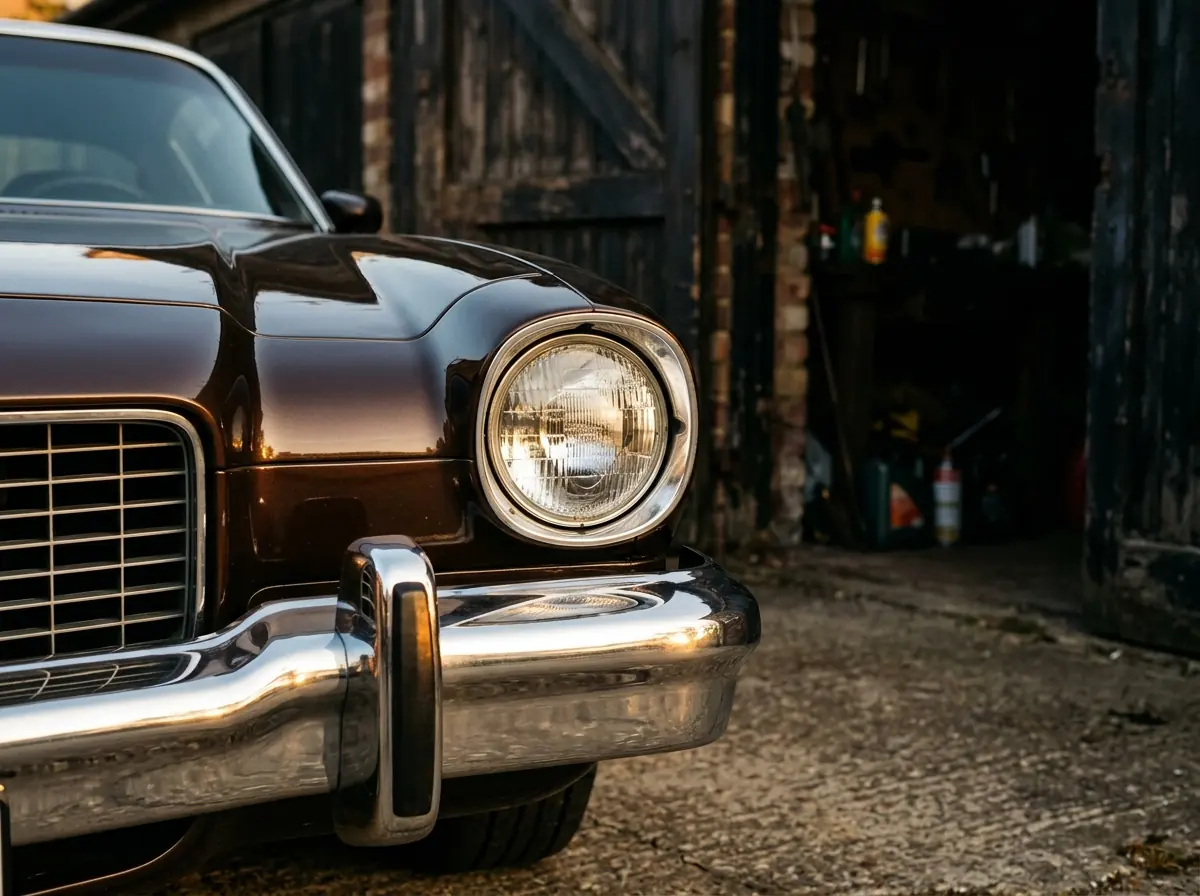 Chroom koplamp en donkerbruin plaatwerk van een klassieke auto